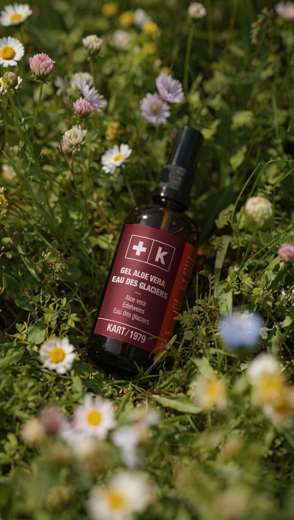 Gel Aloe Vera Eau des Glaciers KART dans une prairie fleurie