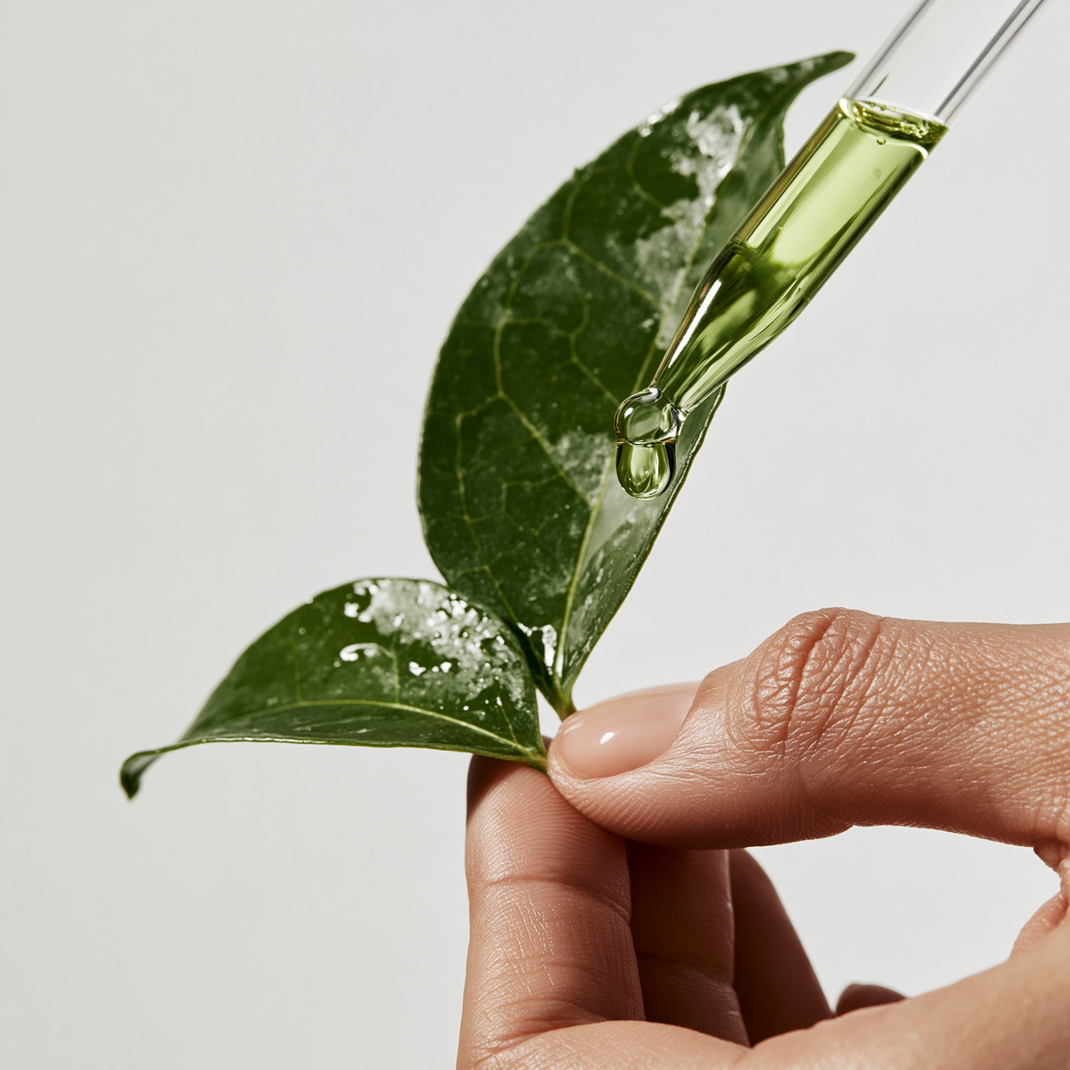 Main tenant une feuille végétale illustrant les ingrédients naturels utilisés en cosmétique